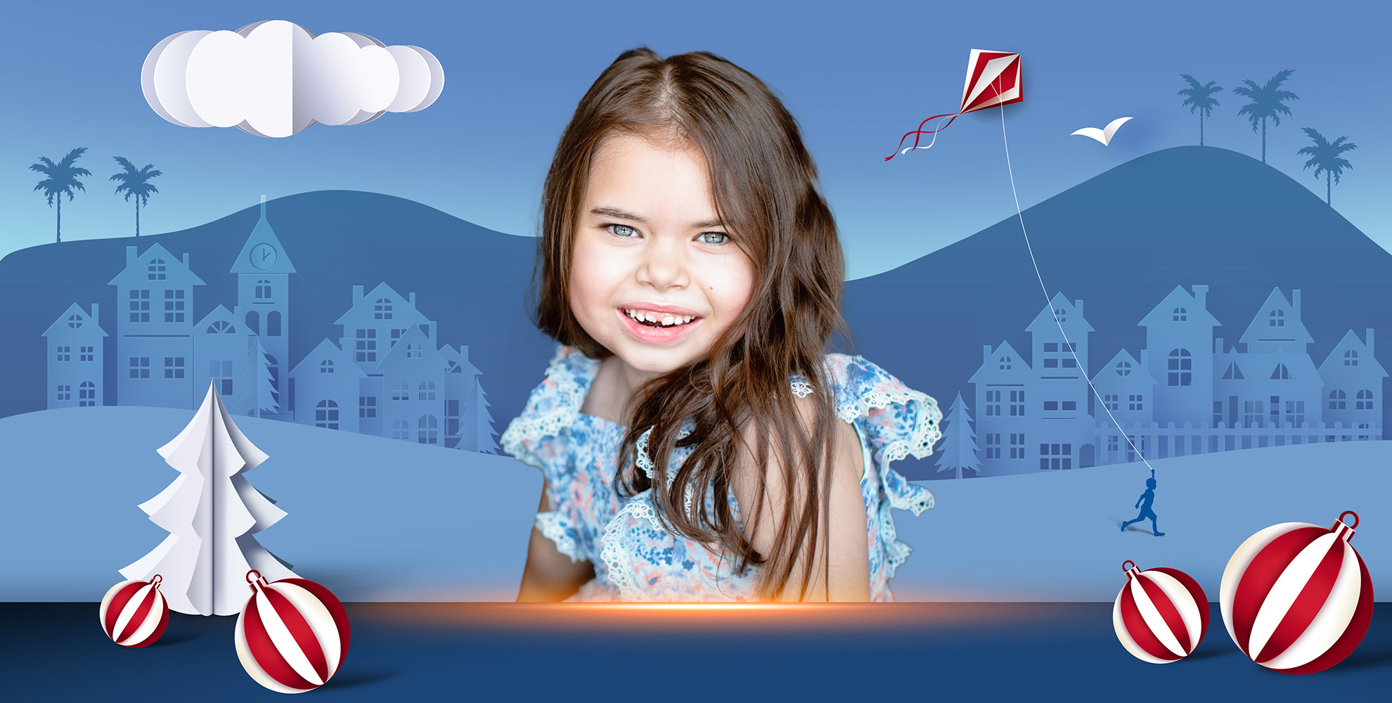 girl wearing blue print dress with blue background