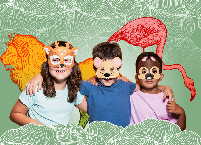 three kids wearing animal masks