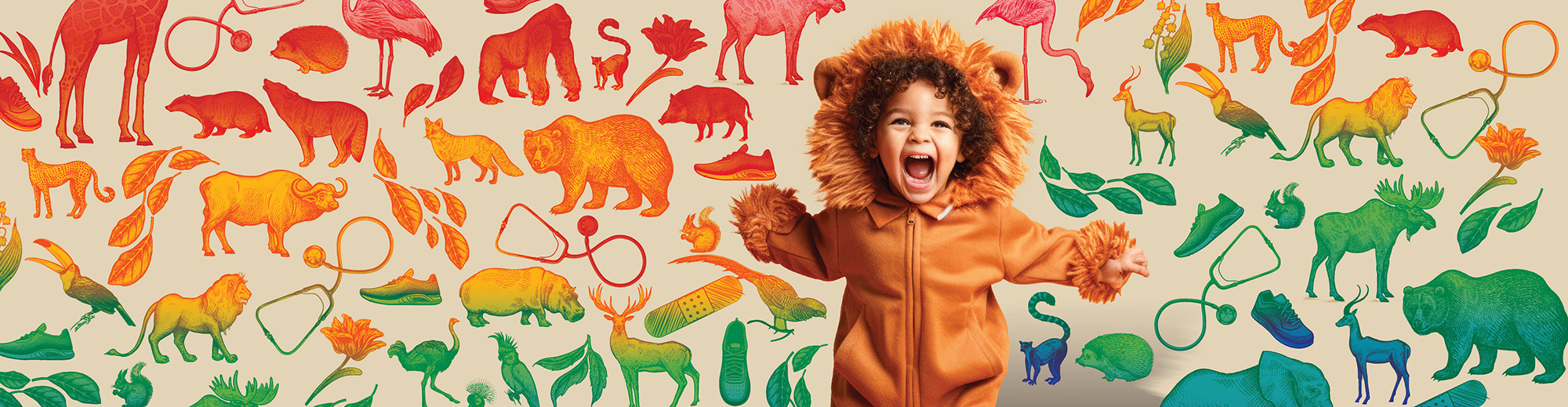 child wearing lion costume with multi-color animal background