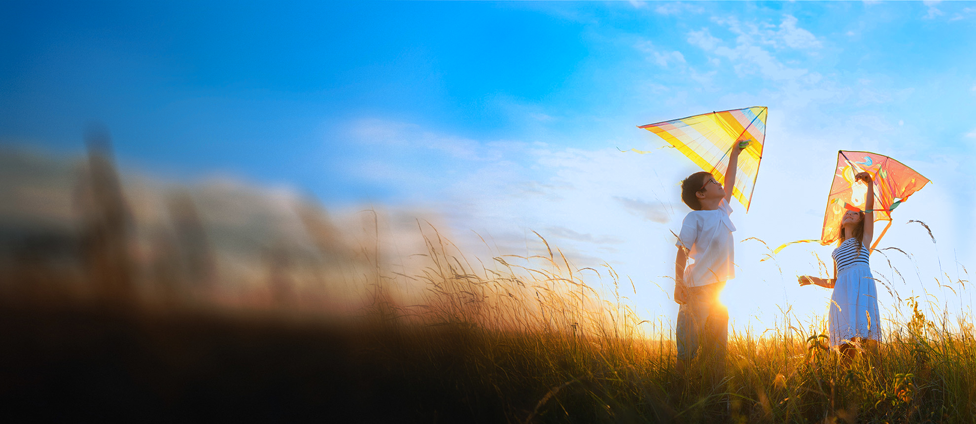 two kids in a field holding kites