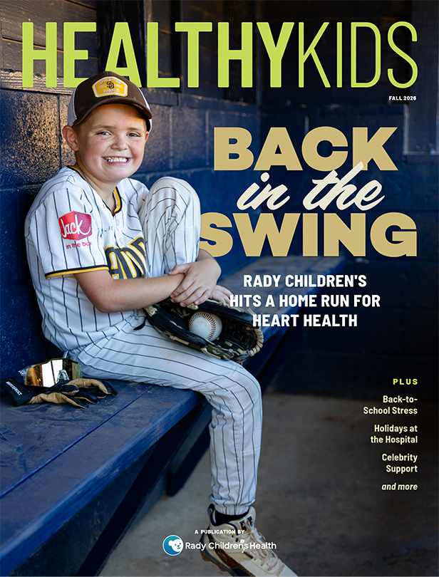 Healthy Kids, Back in the Swing of Things, cover image of boy wearing baseball uniform sitting in a dugout