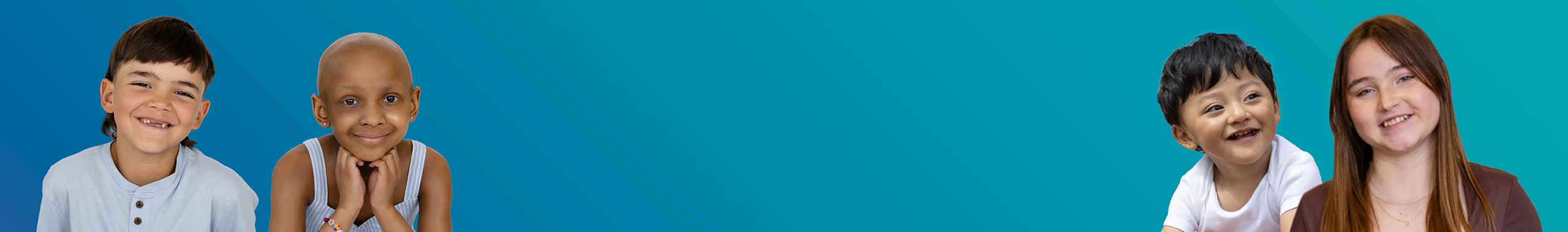 a boy and girl smiling on each side of image with blue and teal gradient background